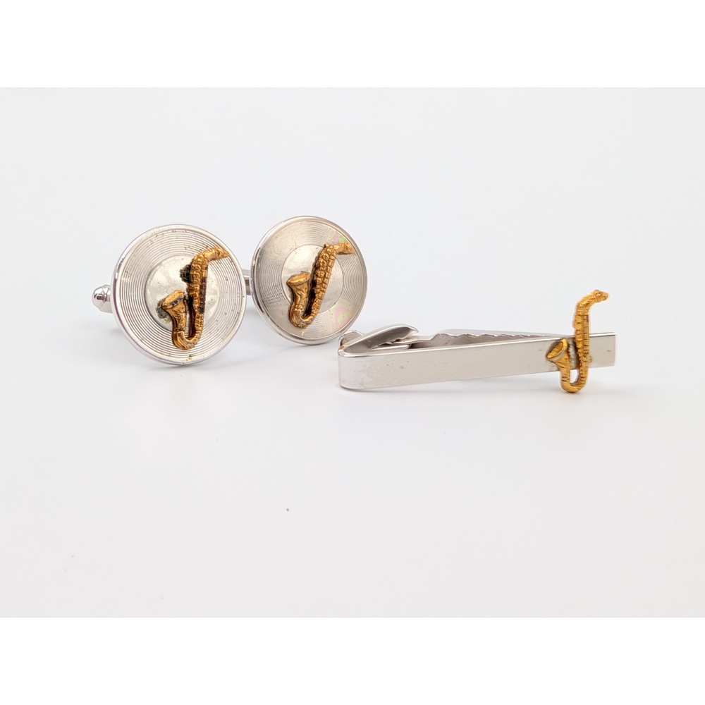 VTG‎ 1950s Shields Saxophone Cufflinks & Tie Clip Set Jazz Musician Novelty